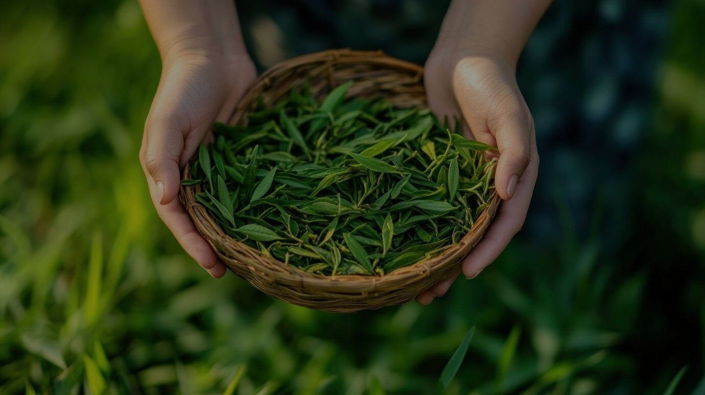 tea leaves in hand hold bowl